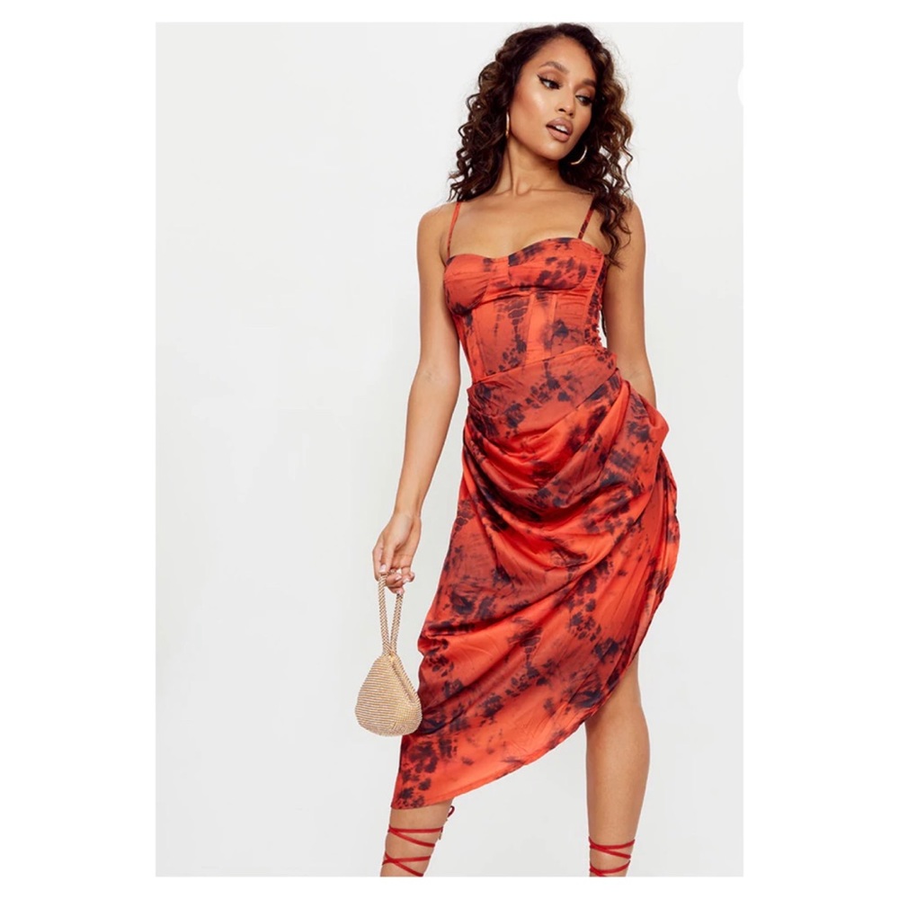 Petite Rust Acid Wash Tie Dye Ruched Side Midi Skirt